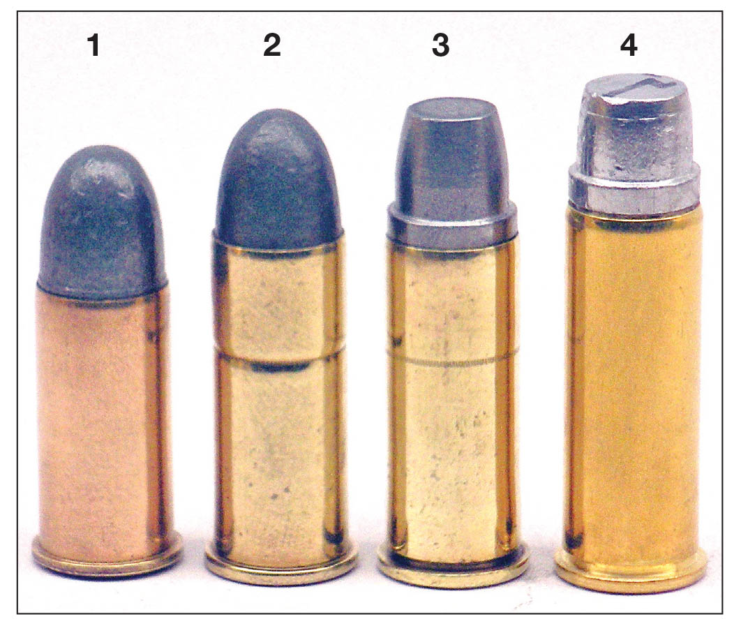 The (1) 246-grain roundnose lead bullet in the .44 Russian and (2) .44 Special are very accurate, but a (3) cast SWC is more effective for field work. A (4) .44 Remington Magnum is shown for comparison.